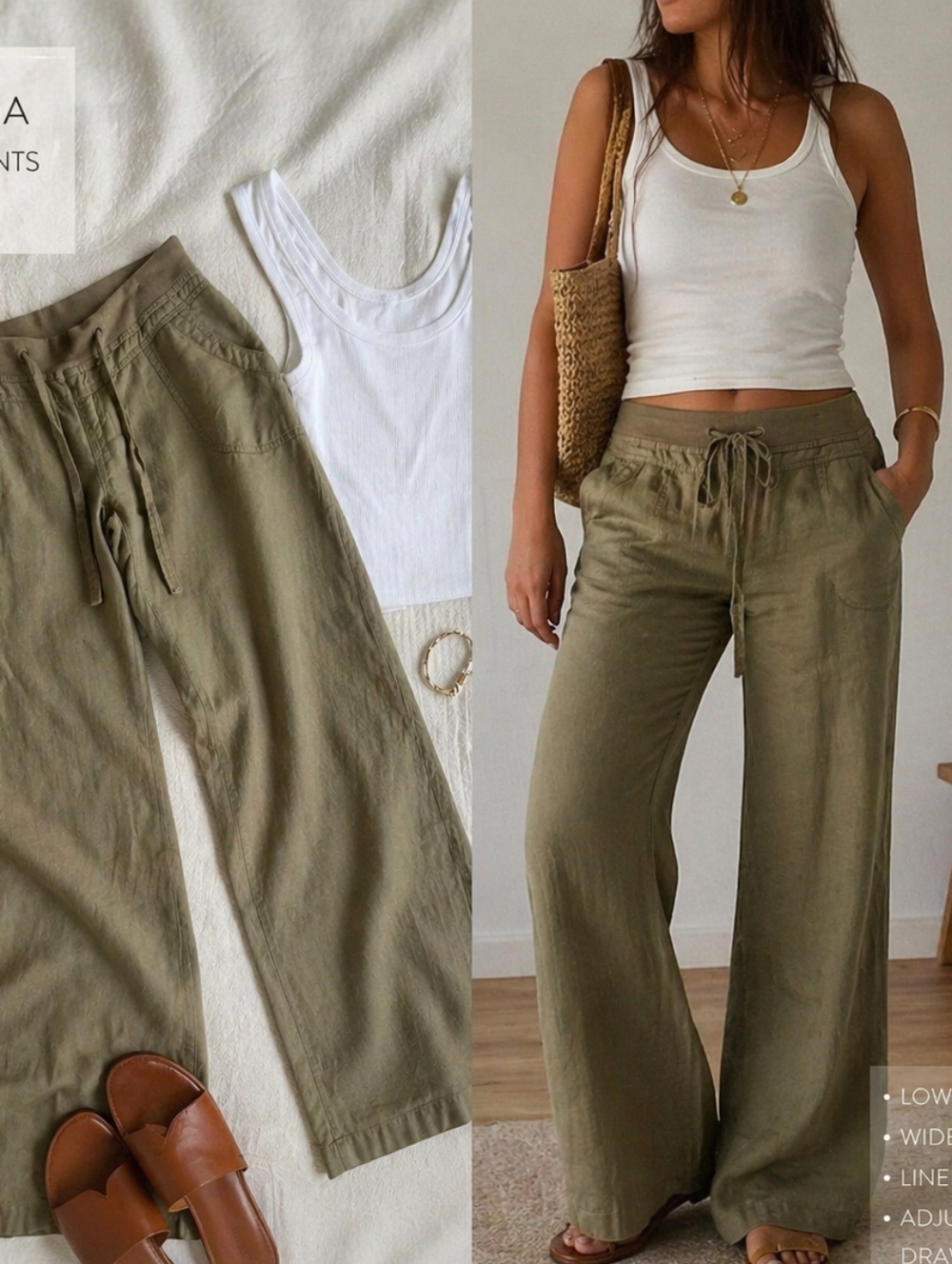 Vero Moda Linen Blend Wide Leg Pants Olive Low Rise Drawstring EU 40